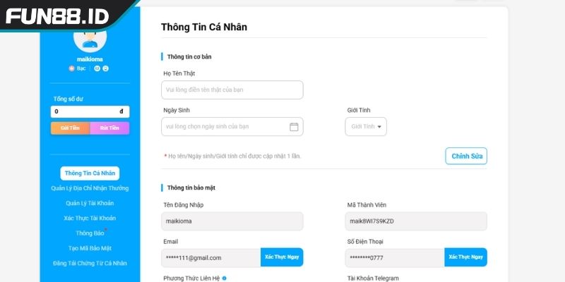 Chính sách bảo mật FUN88 quản lý tài khoản